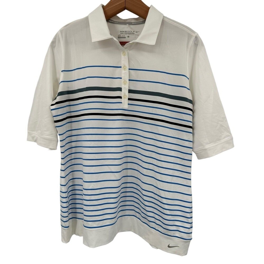 Nike Golf Polo Shirt Large Women's DRI-Fit Tour Performance Blue White Stripe